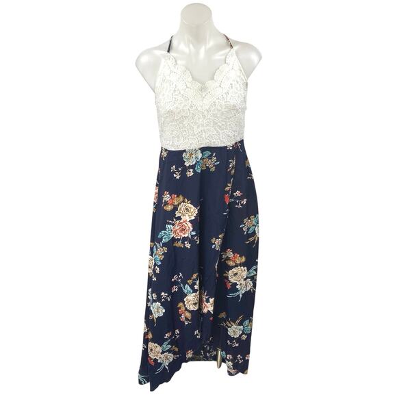 Shein White Blue Floral Crochet Knit Sleeveless Cross Back A Line Maxi Dress XL - Picture 1 of 4